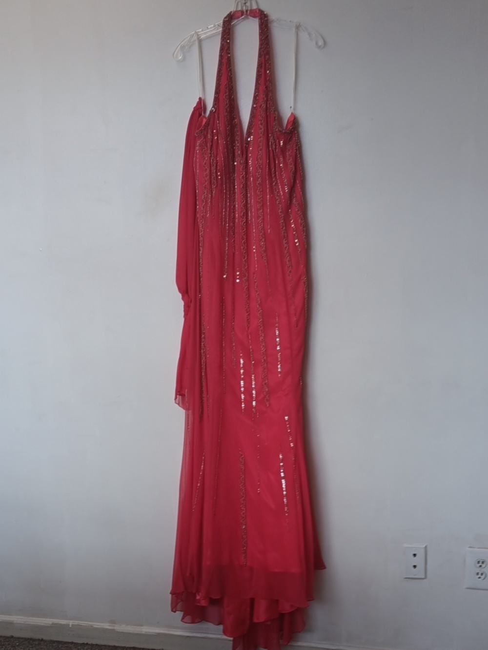 Vintage Watermellon Color Sequin Halter Maxi Dress. 100% Silk